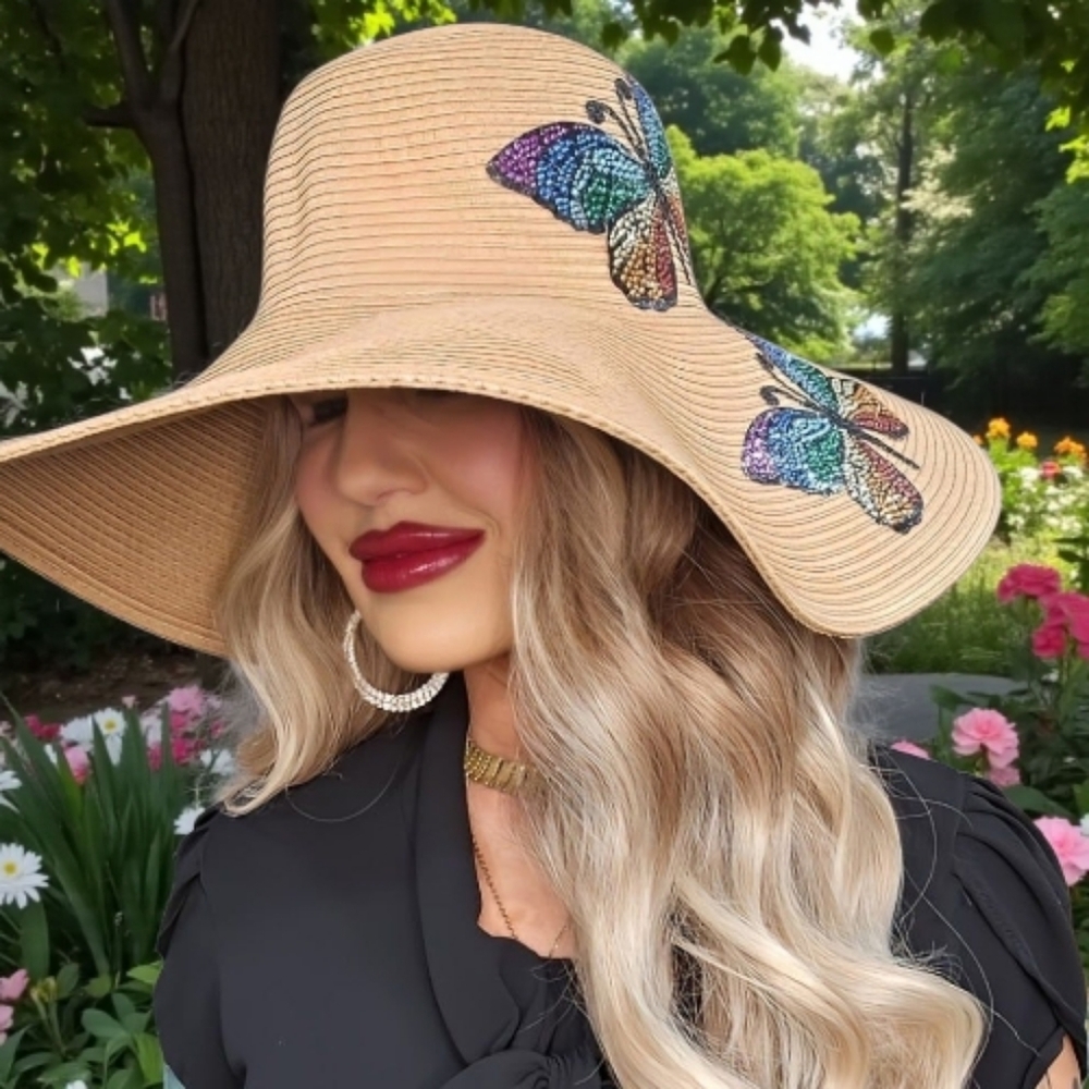 Wide Brim Straw Sun Hat With Butterflies